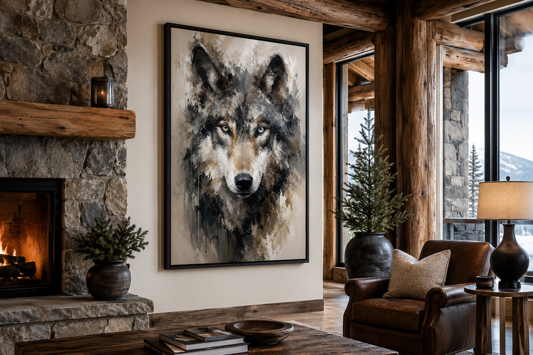 Wolf abstract painting framed canvas wall art hanging above a fireplace in a rustic cabin setting.