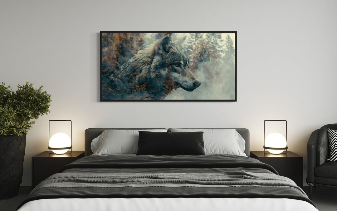 Wolf And Forest Double Exposure Framed Canvas Wall Art