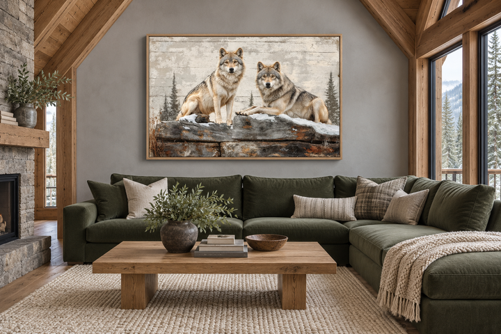 Rustic canvas wall art of two wolves in a forest, styled to look like a painting on textured wood.