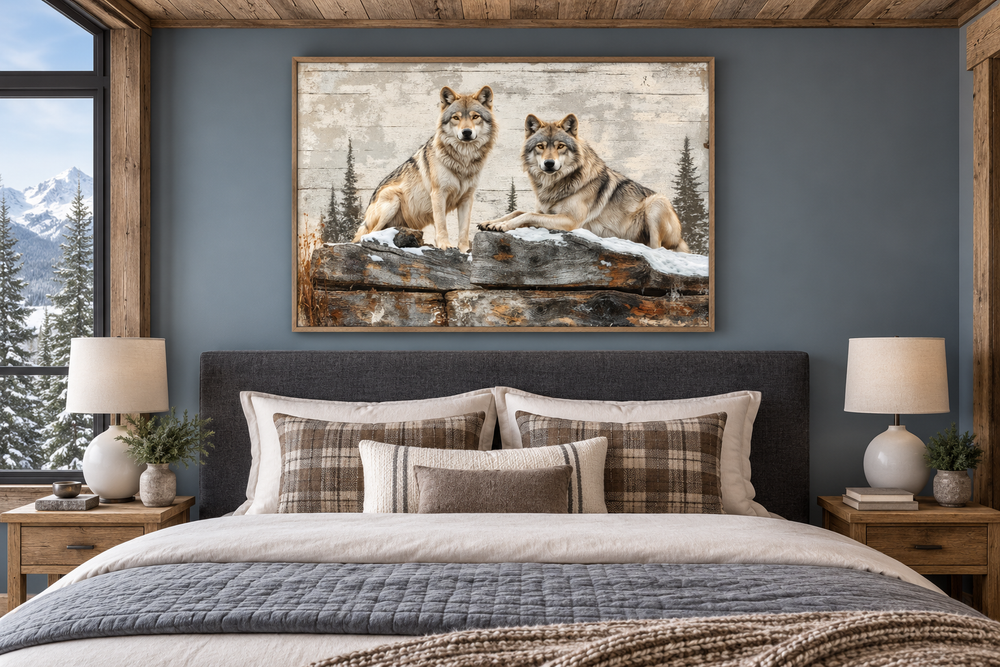 Rustic canvas wall art of two wolves in a forest, styled to look like a painting on textured wood.