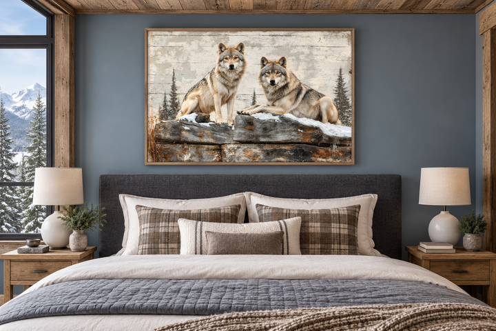 Rustic canvas wall art of two wolves in a forest, styled to look like a painting on textured wood.