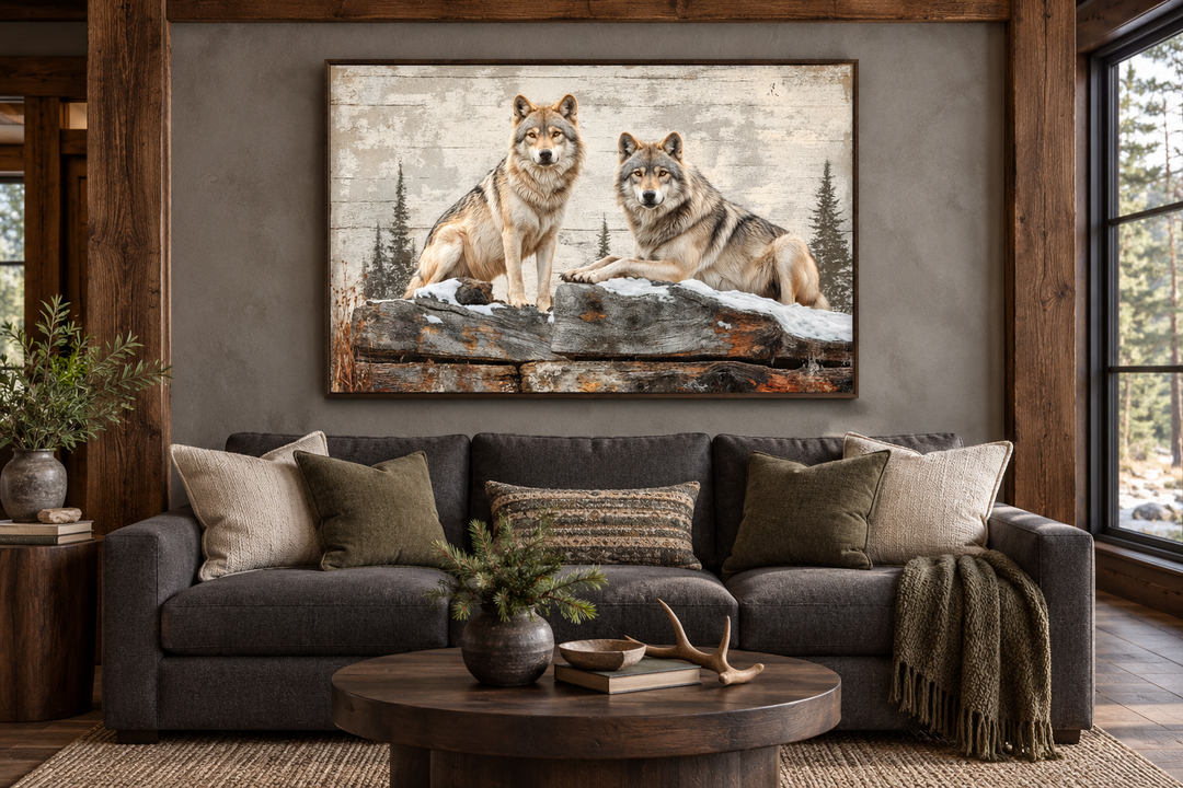 Rustic canvas wall art of two wolves on wood-textured background above a dark gray sofa.