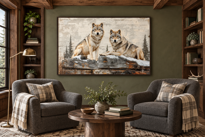 Rustic canvas wall art of two wolves in a forest, styled to look like a painting on textured wood.