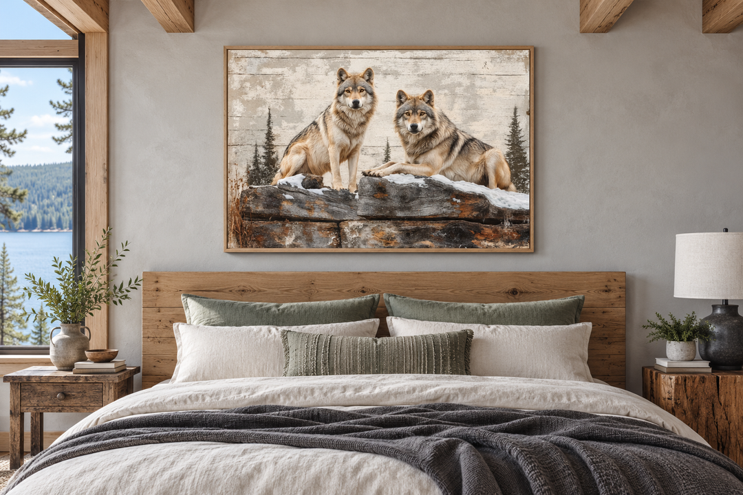 Rustic canvas wall art of two wolves in a forest, styled as a painting on textured wood.