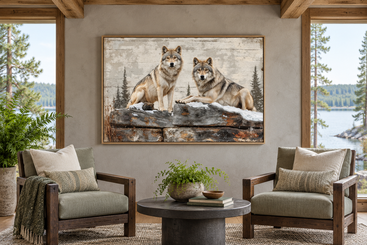 Rustic canvas wall art of two wolves in a forest, displayed in a cozy cabin living room.