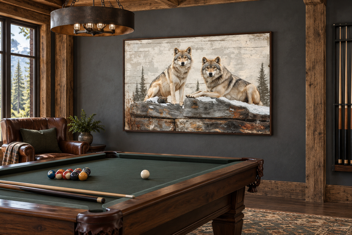 Rustic canvas wall art of two wolves in a forest, styled to look like a painting on textured wood.