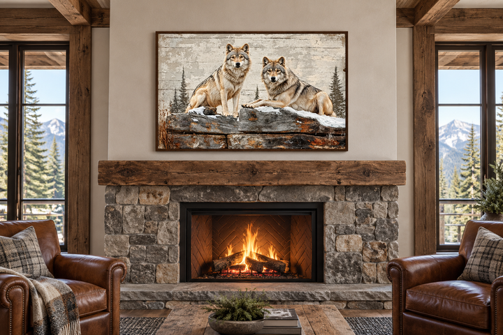 Rustic wolf couple painting on wood-textured canvas above a stone fireplace in a cozy cabin lounge.