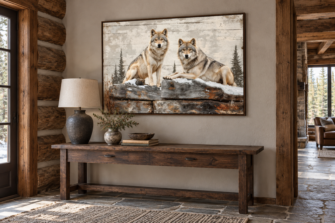 Rustic canvas wall art of two wolves on a wood-textured background above a wooden console table.