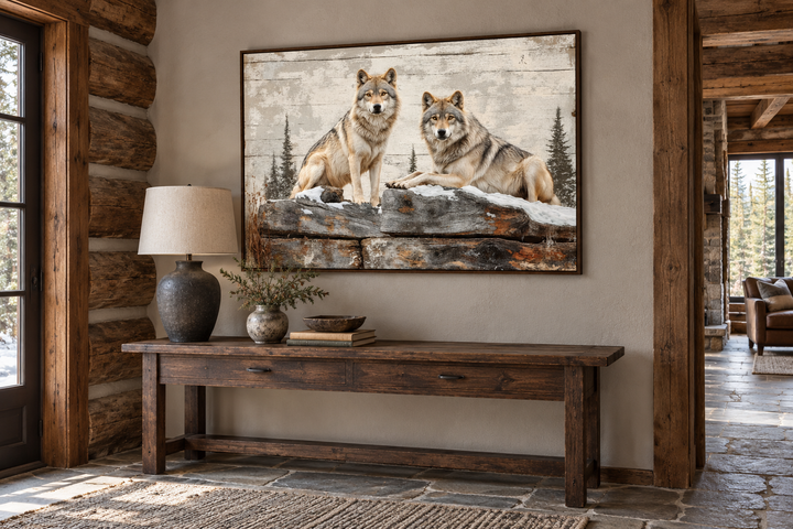 Rustic canvas wall art of two wolves on a wood-textured background above a wooden console table.