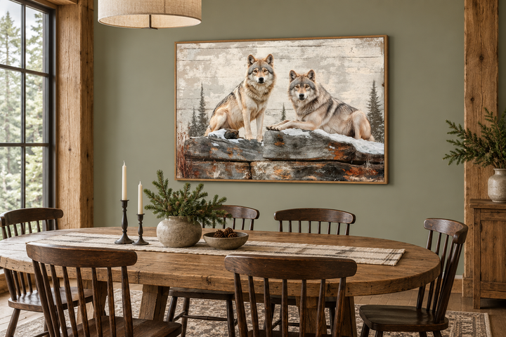 Rustic canvas wall art of two wolves in a forest, styled to look like a painting on textured wood.