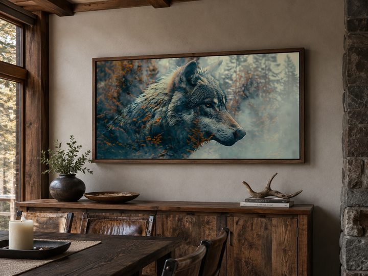 Wolf and forest double exposure canvas wall art in a rustic wooden frame above a sideboard.
