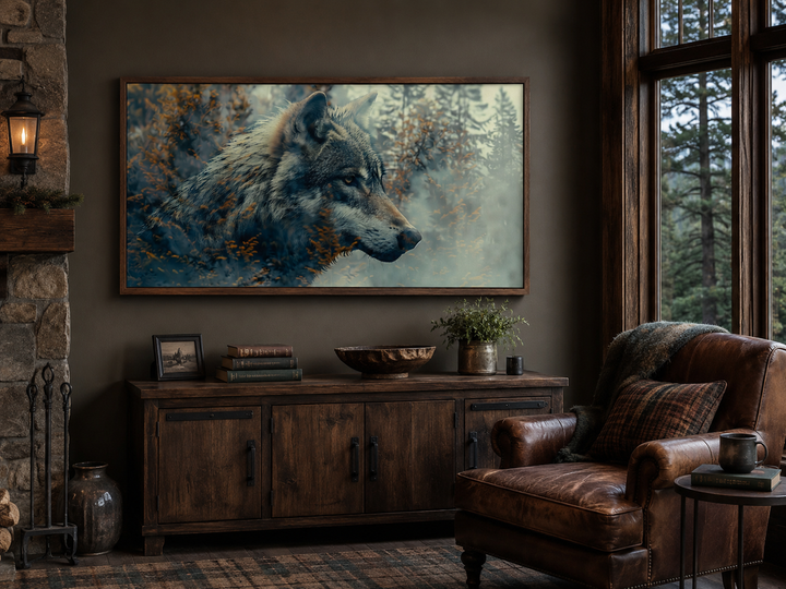 Wolf and forest double exposure canvas wall art in a rustic living room above a wooden sideboard.