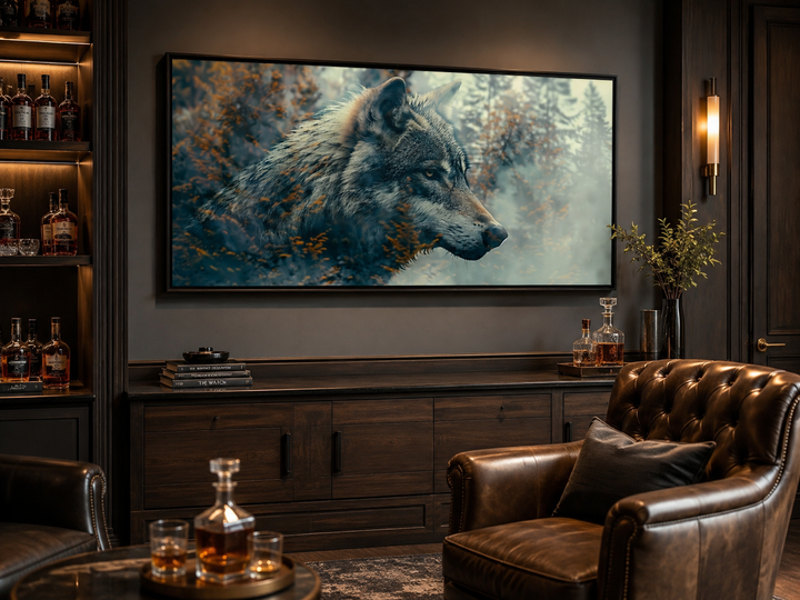 Large framed double exposure canvas print of a wolf and forest in a dark, modern rustic room.