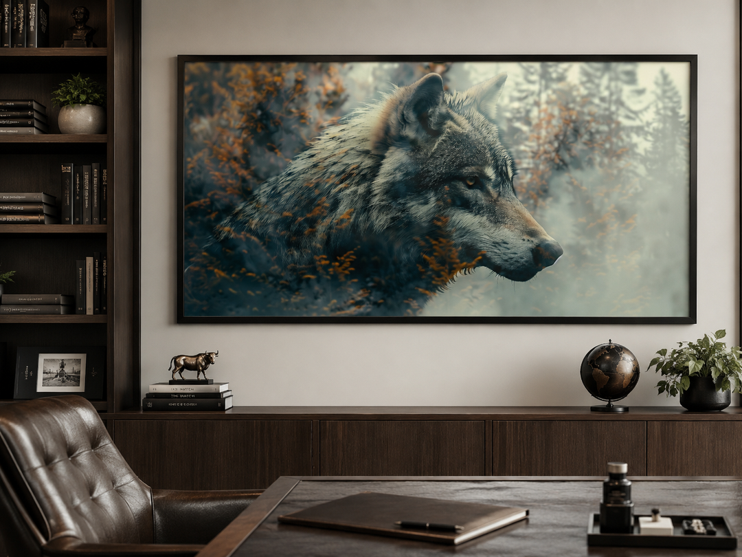 Wolf and forest double exposure canvas print in a black frame above a dark wood office desk.