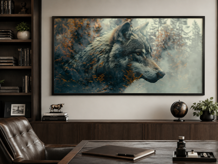 Wolf and forest double exposure canvas print in a black frame above a dark wood office desk.