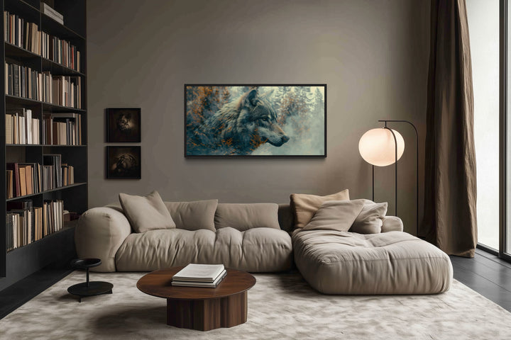 Wolf Forest Wall Art canvas print featuring a double exposure wolf and forest in a modern room.