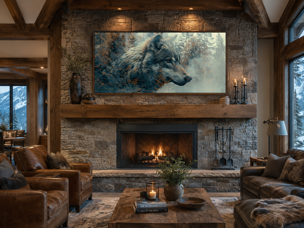 Wolf and forest double exposure canvas print hanging above a stone fireplace in a rustic living room.