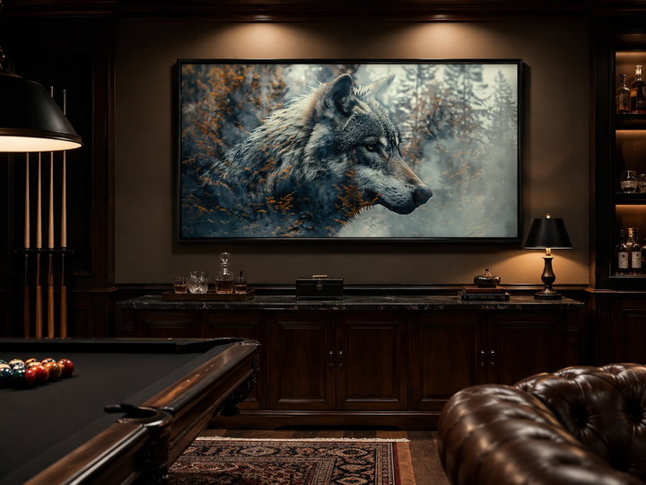 Wolf and forest double exposure canvas wall art in a rustic man cave above a dark wood cabinet.