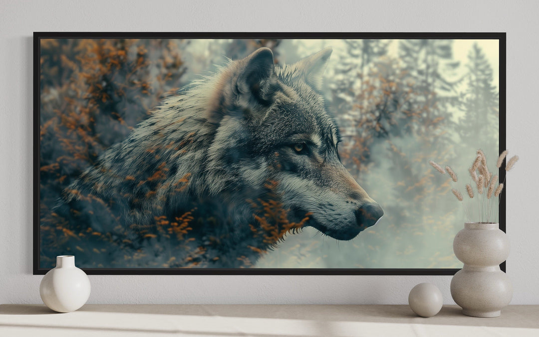 Wolf and forest double exposure canvas wall art in a black frame above a modern console table.