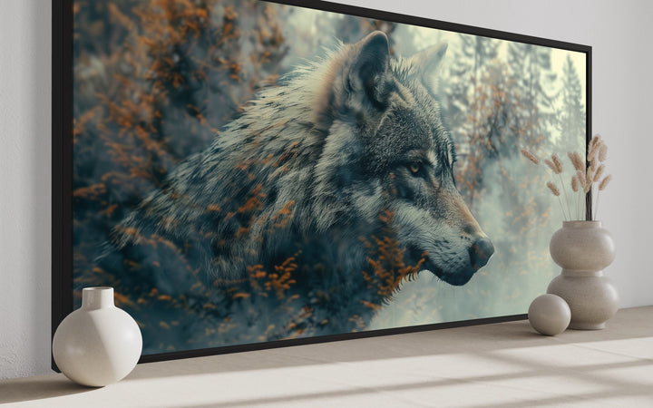 Wolf and forest double exposure wall art canvas print in a modern room setting.