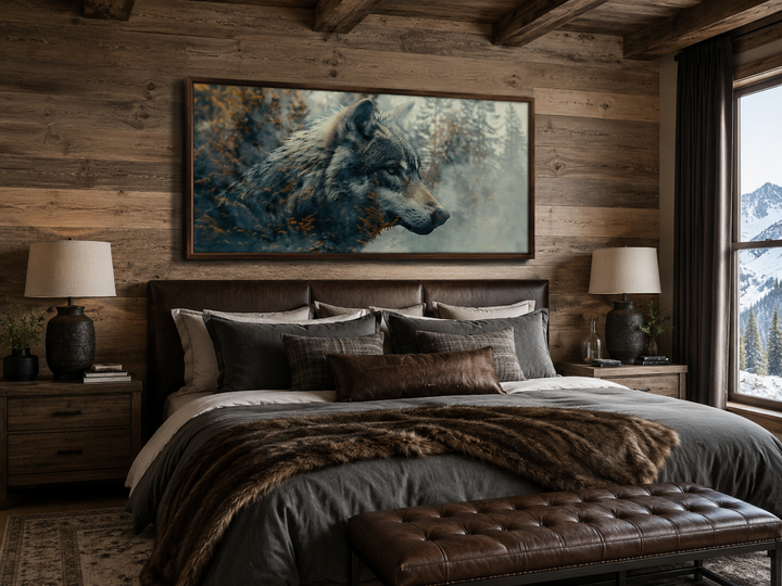 Wolf Forest double exposure wall art in a rustic bedroom with wood walls and a leather headboard.