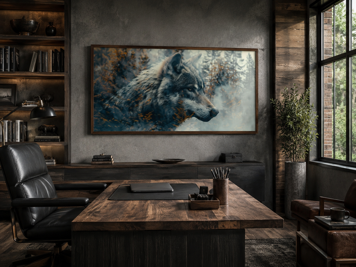 Wolf and forest double exposure wall art in a modern rustic office setting.