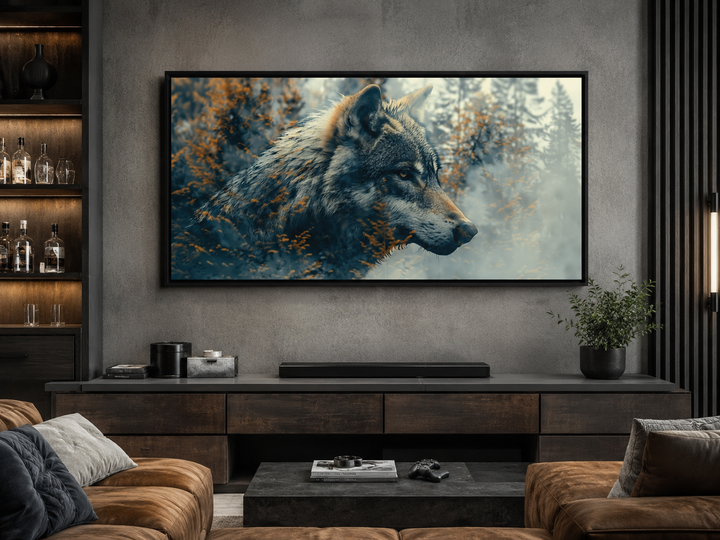 Wolf and forest double exposure canvas print in a black frame above a modern dark wood console.