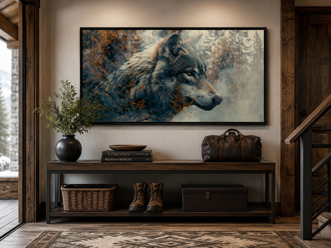 Wolf Forest Wall Art canvas print in a double exposure style hanging above a rustic wooden bench.