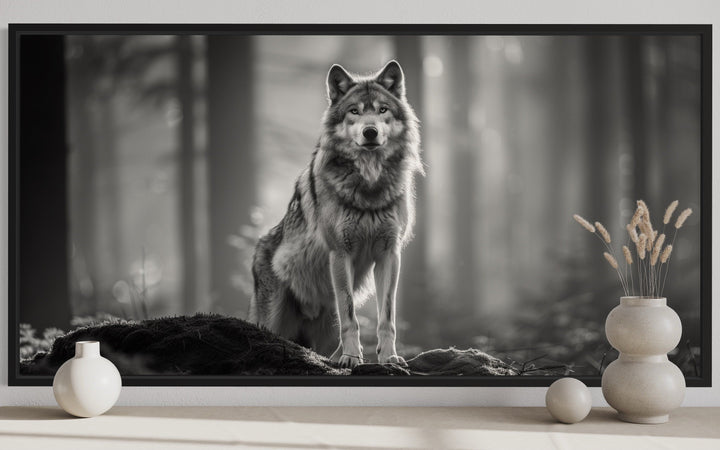 Wolf In The Forest Black White Photography Framed Canvas Wall Art