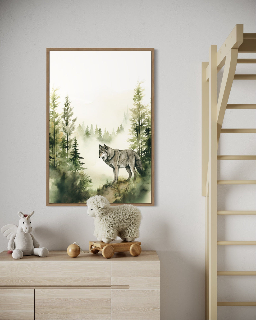 Wolf In The Forest Mountain Landscape Framed Canvas Wall Art