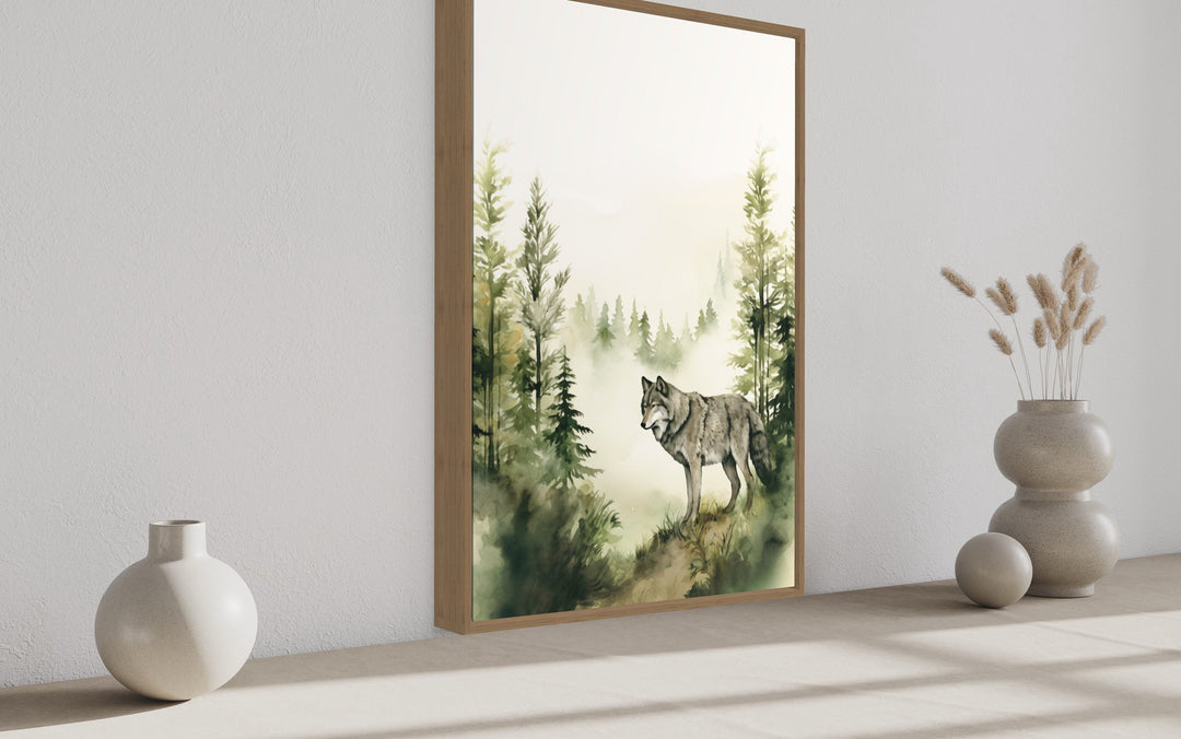 Wolf In The Forest Mountain Landscape Framed Canvas Wall Art