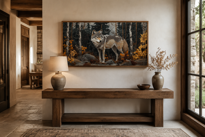 Framed canvas wall art of a wolf in a forest, featuring a vintage tapestry style design.