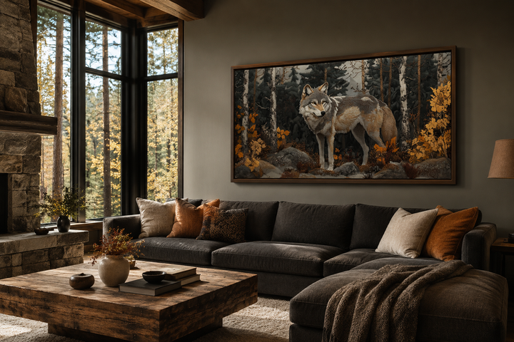 Wolf In The Forest Vintage Tapestry Style Framed Canvas Wall Art above a dark sectional sofa.