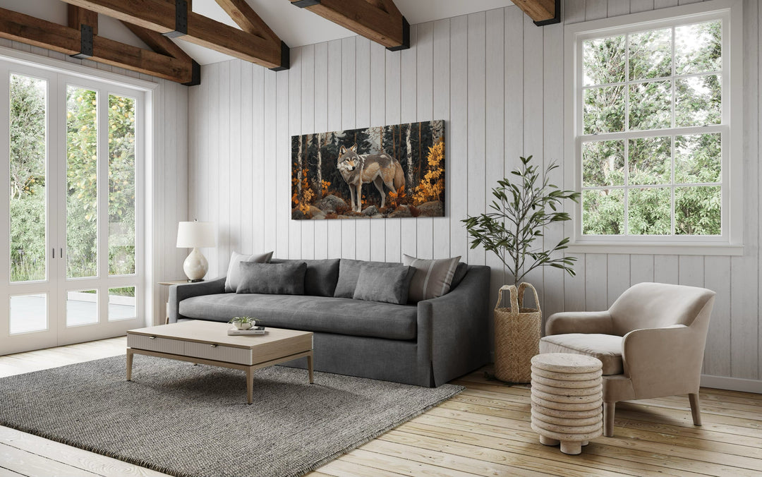 Wolf In The Forest Vintage Tapestry Style Framed Canvas Wall Art