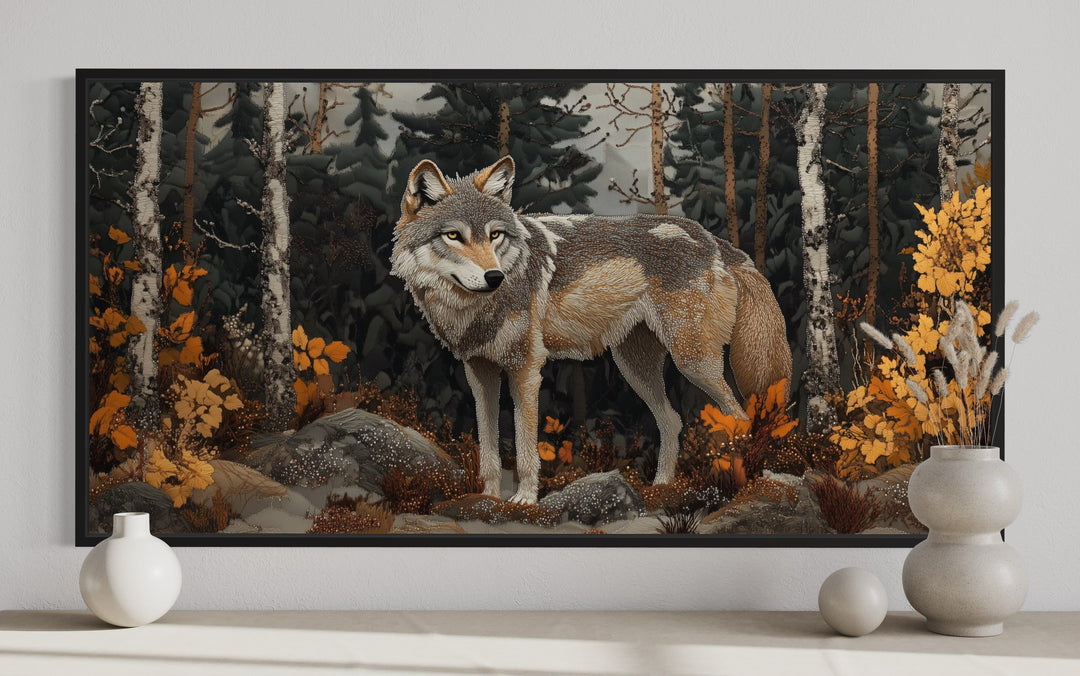 Wolf In The Forest Vintage Tapestry Style Framed Canvas Wall Art