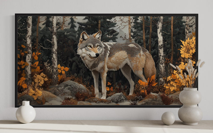 Wolf In The Forest Vintage Tapestry Style Framed Canvas Wall Art