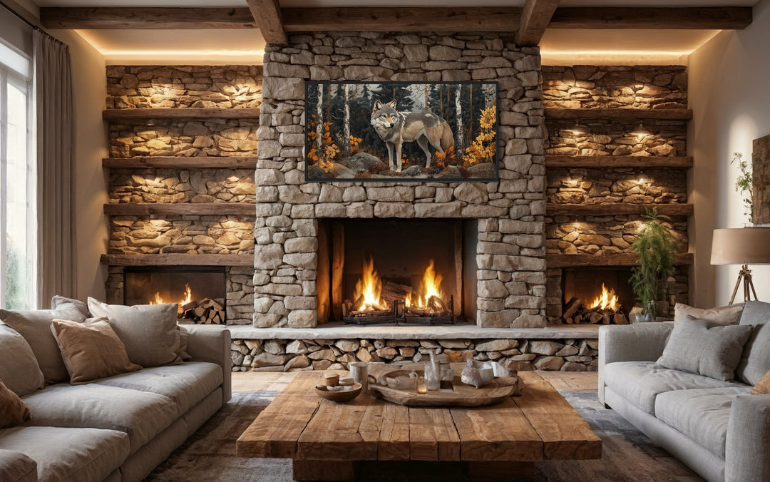 Wolf in the forest vintage tapestry style framed canvas wall art hanging above a stone fireplace.