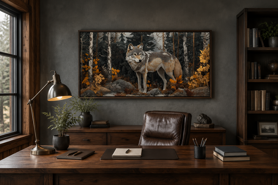 Wolf in the forest vintage tapestry style framed canvas wall art hanging in a rustic office.