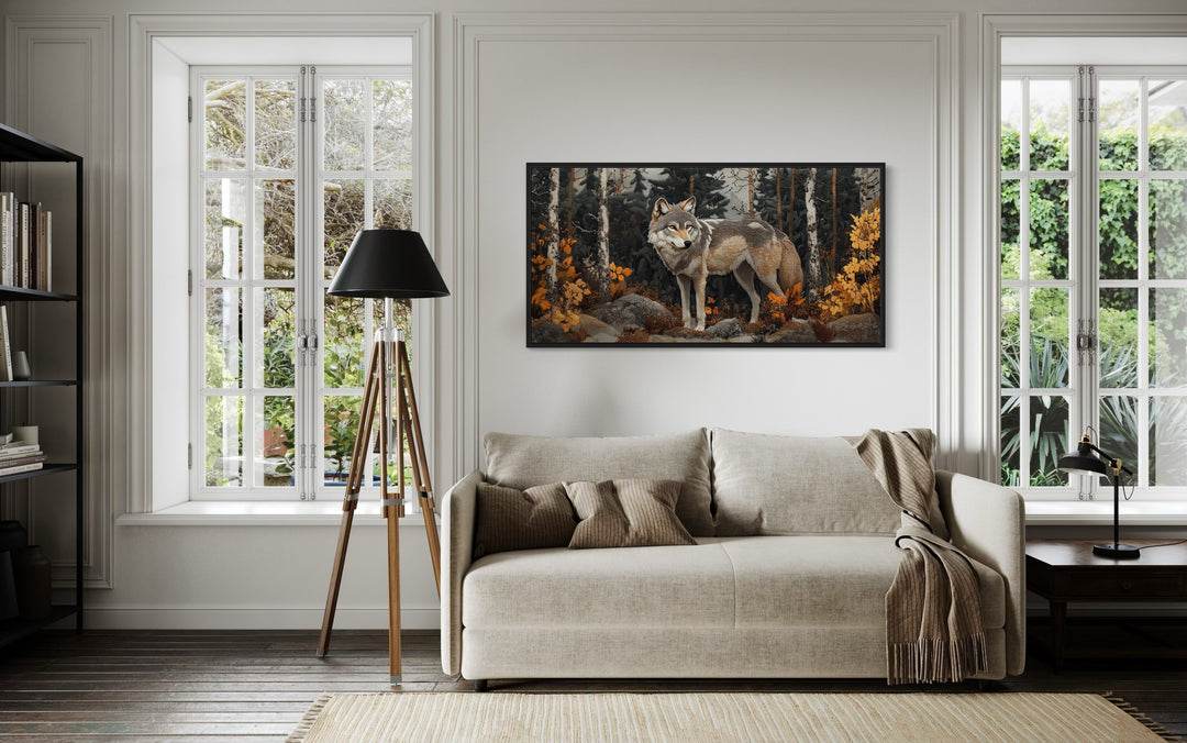 Wolf In The Forest Vintage Tapestry Style Framed Canvas Wall Art