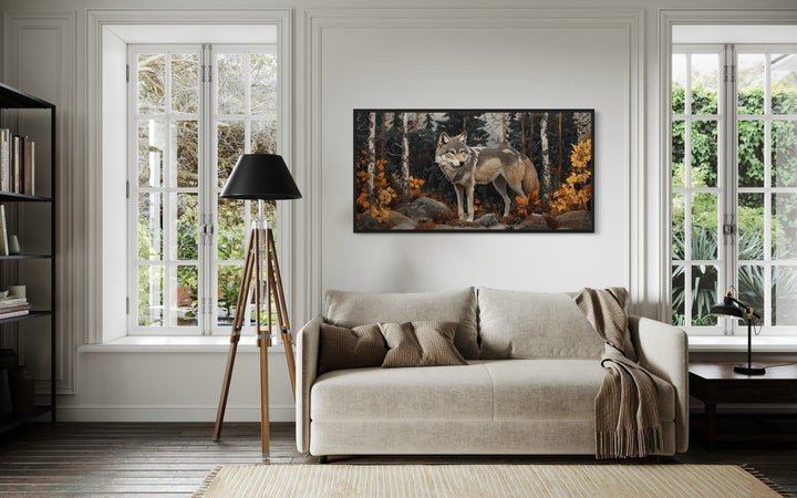 Wolf In The Forest Vintage Tapestry Style Framed Canvas Wall Art