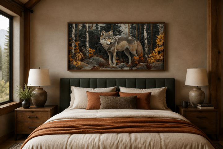 Framed wolf in the forest vintage tapestry style canvas wall art hanging above a bed.