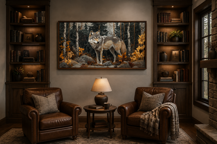 Framed wolf tapestry style canvas wall art centered above two leather chairs in a rustic study.