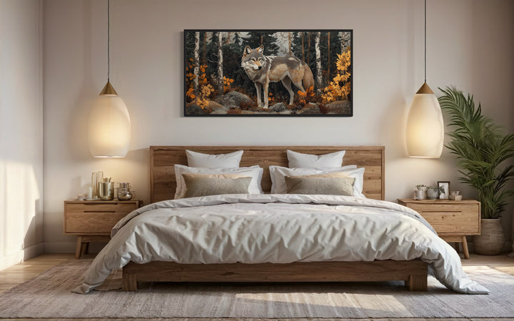 Wolf In The Forest Vintage Tapestry Style Framed Canvas Wall Art