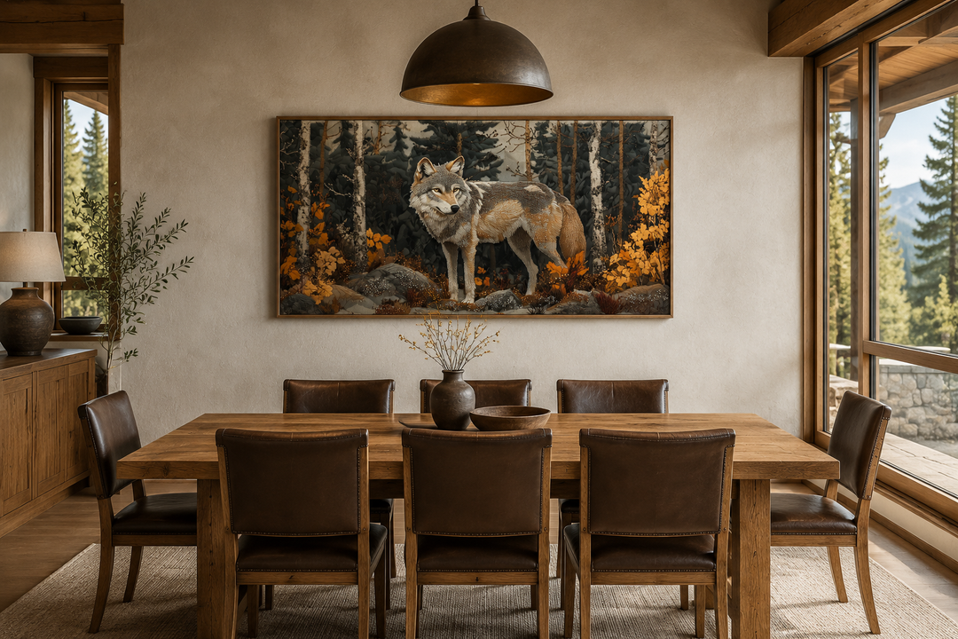 Wolf in the forest vintage tapestry style framed canvas wall art hanging in a rustic dining room.