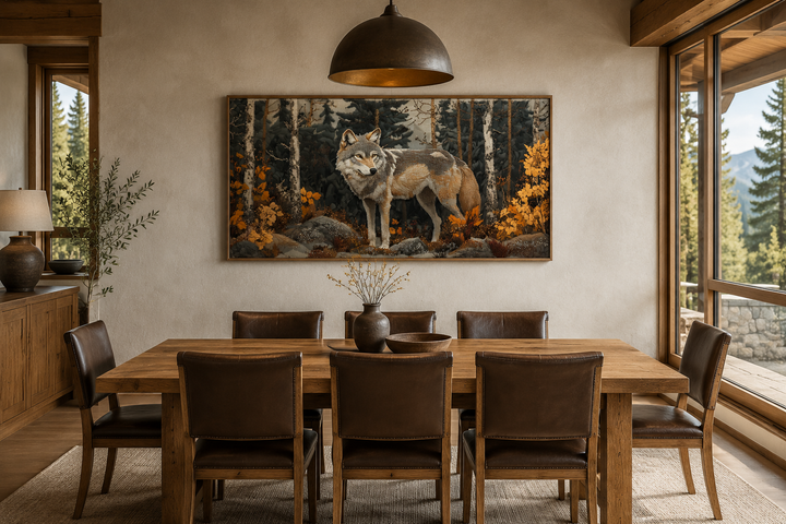 Wolf in the forest vintage tapestry style framed canvas wall art hanging in a rustic dining room.