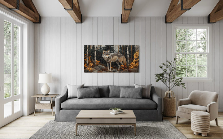Wolf In The Forest Vintage Tapestry Style Framed Canvas Wall Art