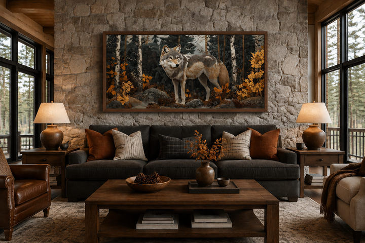 Wolf in the forest vintage tapestry style framed canvas wall art above a sofa in a rustic room.