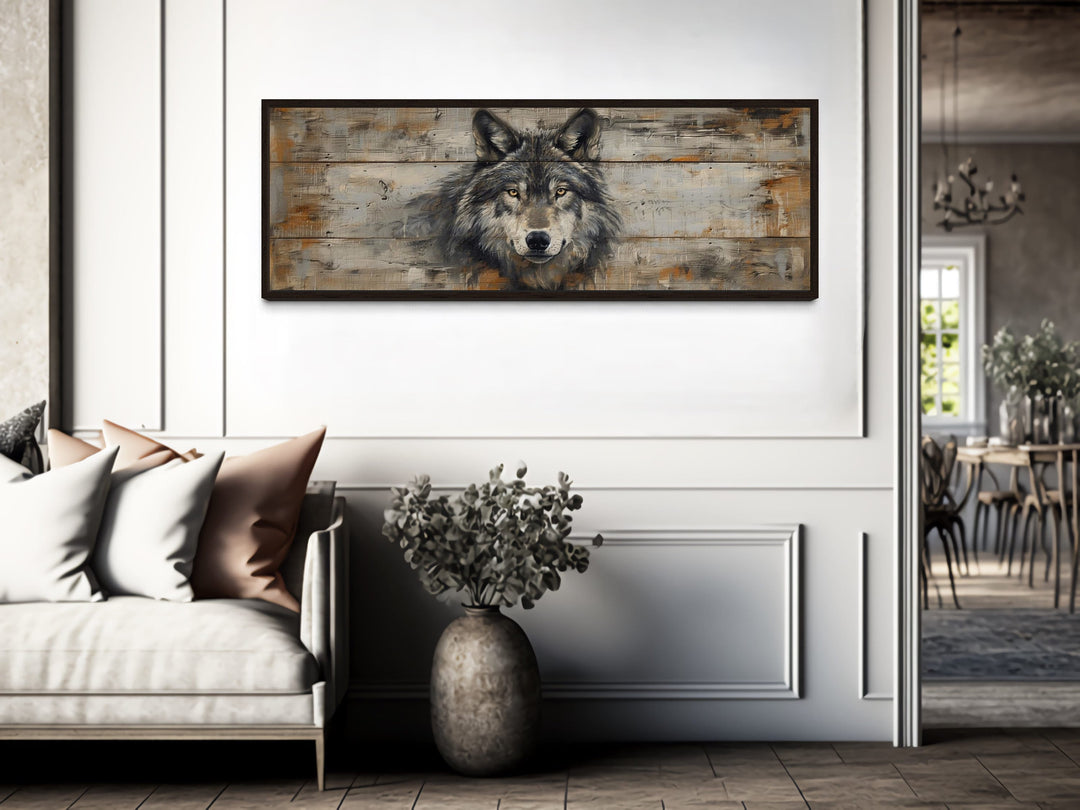 Wolf Painted On Wood Long Horizontal Framed Canvas Wall Art