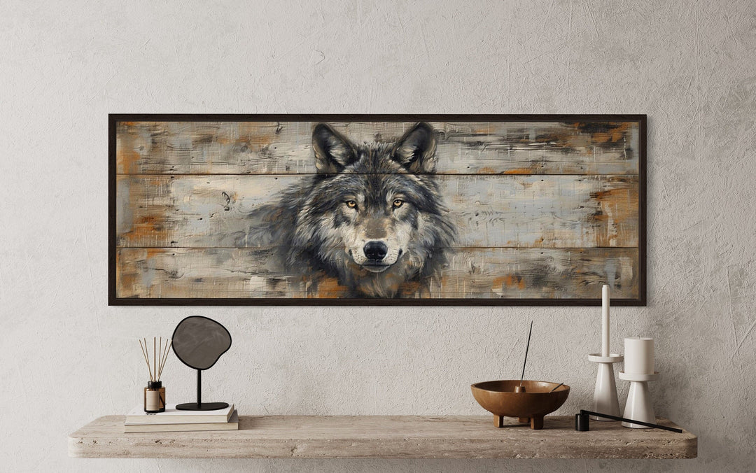 Wolf Painted On Wood Long Horizontal Framed Canvas Wall Art