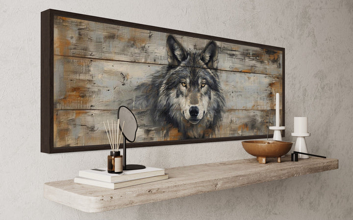 Wolf Painted On Wood Long Horizontal Framed Canvas Wall Art